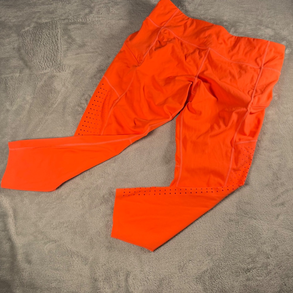 Athleta Womens 1X‎ Neon Orange Laser Cut Performance Leggings High Rise Pockets